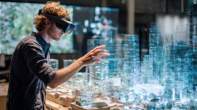 In a high-tech AR environment, an architect utilizes gesture controls through a VR headset to design and interact with 3D smart city models