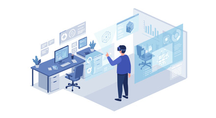 Futuristic workplace with virtual reality: modern office in isometric vector illustration for tech design