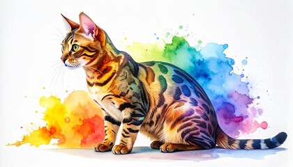 Bengal Cat Painted In Watercolor On A White Background In A Realistic Manner, Colorfu