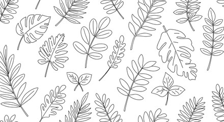 Botanical vector illustration: tropical leaves seamless pattern for design in minimalist line art style