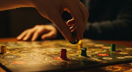 Close-up of a player's hand moving a token during a fantasy board game session.