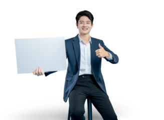 young businessman holds a blank sign for your text and gives a thumbs-up, showing approval for an offer or message.
