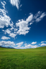 Fototapeta premium Rolling green hills stretch under a vast blue sky dotted with fluffy white clouds, creating a serene and expansive natural landscape perfect for showcasing tranquility and outdoor beauty