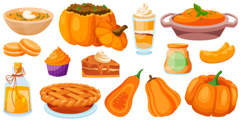 Autumn food and drinks made from pumpkin. Vector illustration set. Traditional meal menu design elements