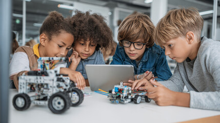 Students from various backgrounds build robotic cars with tablets in a STEM classroom, learning AI and engineering skills