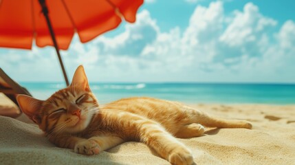 A ginger cat naps peacefully on the sand under a beach umbrella.