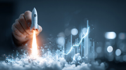 Visualizing financial growth, a modern collage shows a hand launching a rocket with charts symbolizing business success and rising profits