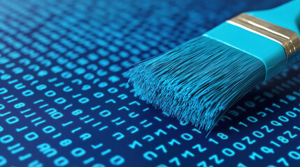 Blue paintbrush lies on digital background of binary code, symbolizing fusion of art and technology