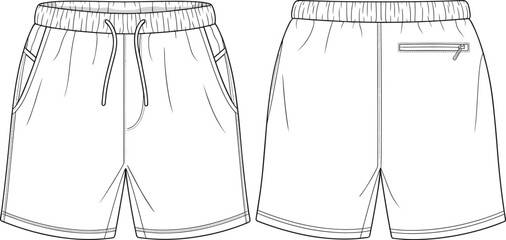 Men's Casual Sportswear Flat Sketch: Stylish Athletic Shorts with Drawstring Waist, Pockets, and Back Zipper Detail for Design Templates, Fashion Mockups, and Activewear Collections.
