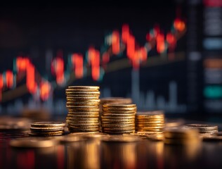 Stacks of gold coins with a financial chart in the background, symbolizing investment growth.