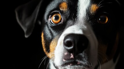 A dog stares closely into the camera with bright expressive eyes.