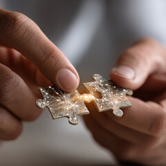 Two hands connecting glowing puzzle pieces, symbolizing collaboration and innovation