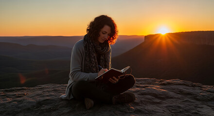 Woman writing in journal, outdoors at sunrise, peaceful landscape, reflection and inspiration, mindfulness