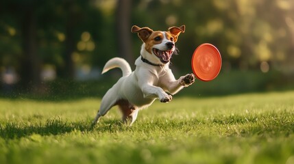A playful dog leaps excitedly to catch a frisbee in a sunny park.