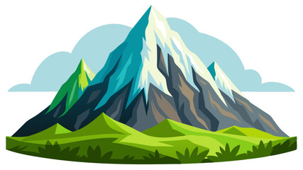 Stylized illustration of a majestic snow capped mountain range with green rolling hills and clouds © skcpdesign