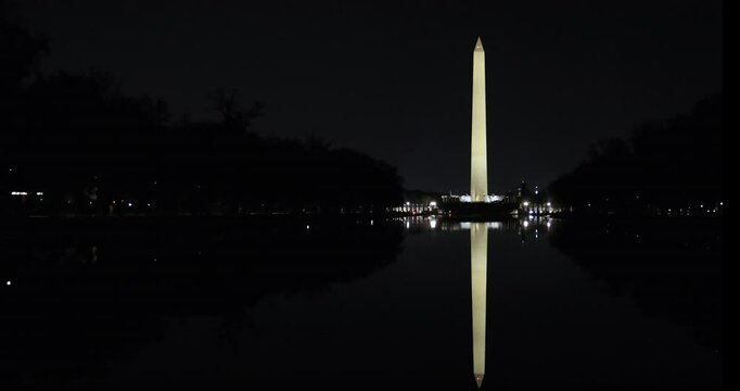 Washington DC dark night Washington Monument reflection pan. Commemorate George Washington, Founding Father of the United States, first President. World's tallest obelisk at 554 feet.