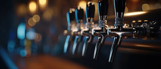 The elegant beer taps gleaming at a contemporary bar setting