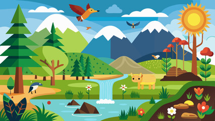 Fototapeta premium Vibrant cartoon landscape with mountains trees a waterfall a river and various animals under a sunny sky