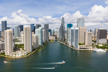 Aerial view of Brickell skyscrapers. Modern cityscape of downtown Miami. Panoramic Miami skyline...