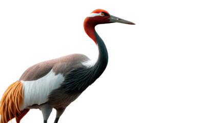 Obraz premium Graceful Crane in Isolation: A single, striking crane, showcasing vibrant plumage and elegant poise, isolated against a pristine expanse, representing purity and natural beauty.