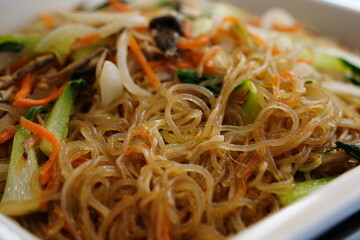 Japchae – Close-up of Korean Stir-Fried Glass Noodles with Vegetables