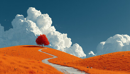 A winding path leads up a vibrant orange hill towards a solitary red tree under a striking blue sky with fluffy white clouds, evoking themes of journey, nature, and peaceful landscapes