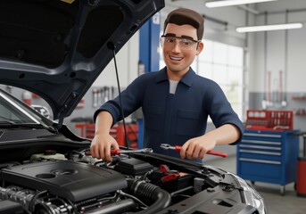 3D mechanic repairing car engine.