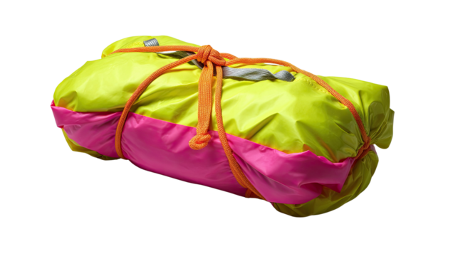 A Colorful Parachute: A folded parachute showcasing bright pink and yellow colors, expertly secured with ropes ready for an exciting adventure in the sky.