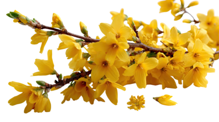 Golden Forsythia in Bloom: A close-up shot of a delicate forsythia branch, resplendent with vibrant yellow blossoms in full bloom, heralding the arrival of spring. 