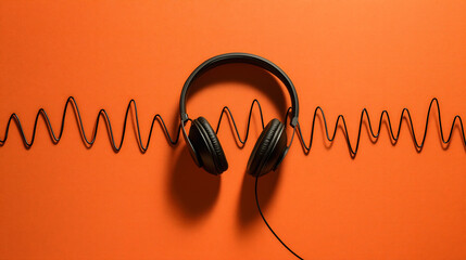 Headphones with sound waves coming on orange background - abstract music background