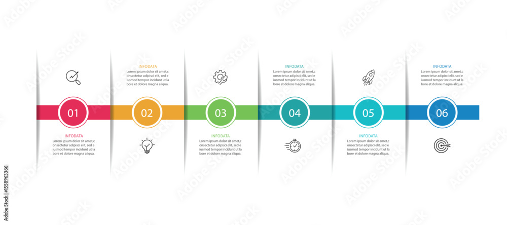 Poster business timeline infographic design template with 6 options. presentation, plan and project. vector