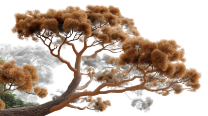 Ancient Bonsai Tree: A serene view of an aged bonsai tree, its gnarled branches reaching out gracefully against a serene sky. Its rich.