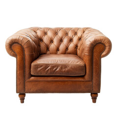 Fototapeta premium Brown leather armchair tufted back wooden legs classic design home furniture
