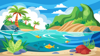 Obraz premium Vibrant cartoon illustration of a tropical island paradise with palm trees sandy beaches clear blue water and colorful fish