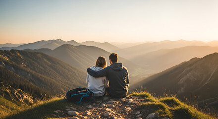 Fototapeta premium Couple Embracing Watching Mountains, on a Grassy Peak at Sunset, Love and Adventure, Romantic Getaway