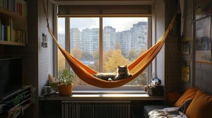 A cat relaxing in a hammock by the window in a cozy apartment with a city view.
