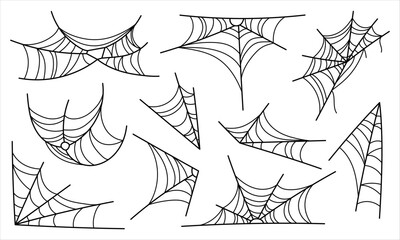 Set of cobwebs of different shapes. Decor for Halloween celebration. Vector illustration.