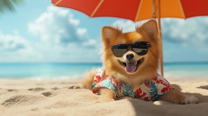 A Pomeranian wearing sunglasses and a Hawaiian shirt, lying on the beach under an umbrella.