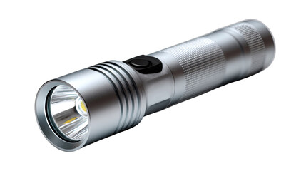 Sleek Metallic Flashlight: A modern flashlight, crafted from polished metal, poised to illuminate any darkness, this image highlights its functional design and advanced technology.