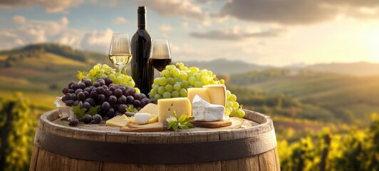 The wine and cheese arrangement on a wooden barrel in a vineyard setting.
