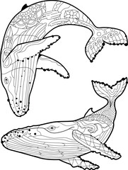 Set of swimming whale for anti stress Coloring Page.
