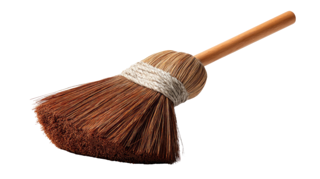 Brown Broom: A sturdy, hand-crafted broom with a brown bristle head and wooden handle, perfect for showcasing themes of cleaning, rustic charm, or traditional craftsmanship.