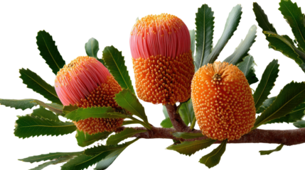 Banksia Coccinea floral bloom: A striking banksia coccinea flower in full bloom with red and orange hues stands proudly against its leafy green branch, showcasing the plant's exotic beauty.