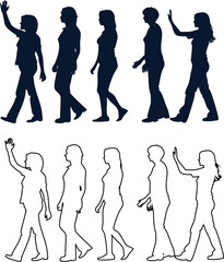 woman walking silhouette and line vector icon set, perfect collection for beauty, fashion, spa, or feminine brand designs. Simple, minimal, and timeless outline style.