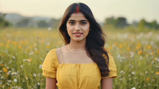 Peaceful Freedom: Young Woman Standing in a Blooming Flower Field
