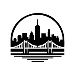 Fototapeta premium Minimalist black vector of a city skyline with a suspension bridge and river reflection, symbolizing urban life and travel landmarks. 