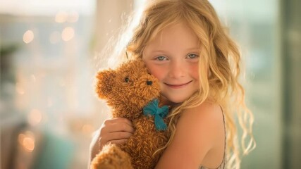 A sweet little girl with curly blonde hair embracing her beloved teddy bear with love - Powered by Adobe