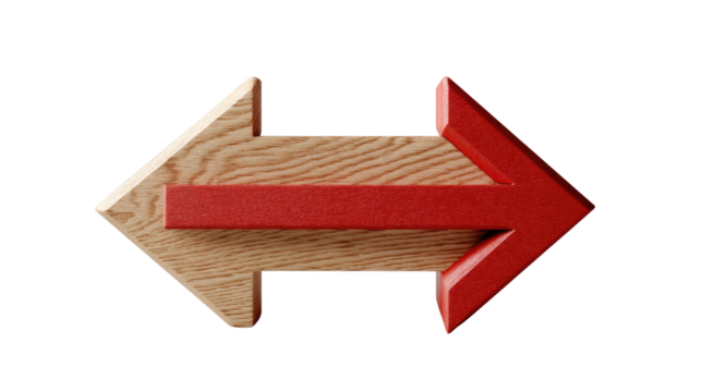 Directional Dynamics: A close-up captures two opposing arrow symbols, one crafted from wood and the other from red, representing a crucial business decision.