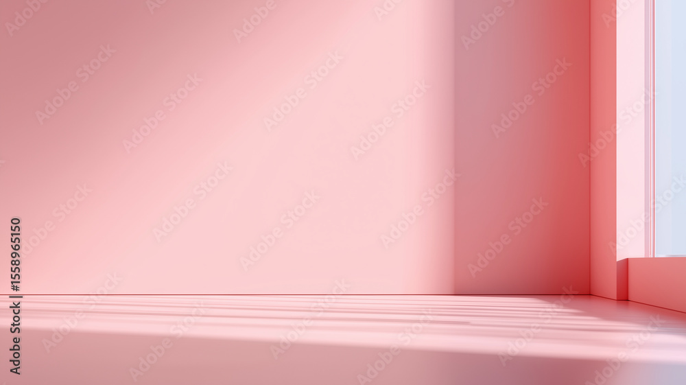 Fototapete Smooth pastel pink background with clean minimal surfaces and soft shadows creates serene and calming atmosphere. light streaming through window adds touch of warmth
