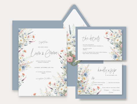 Luxury watercolor wedding invitation with hand drawn wild flowers and botanical leaves.